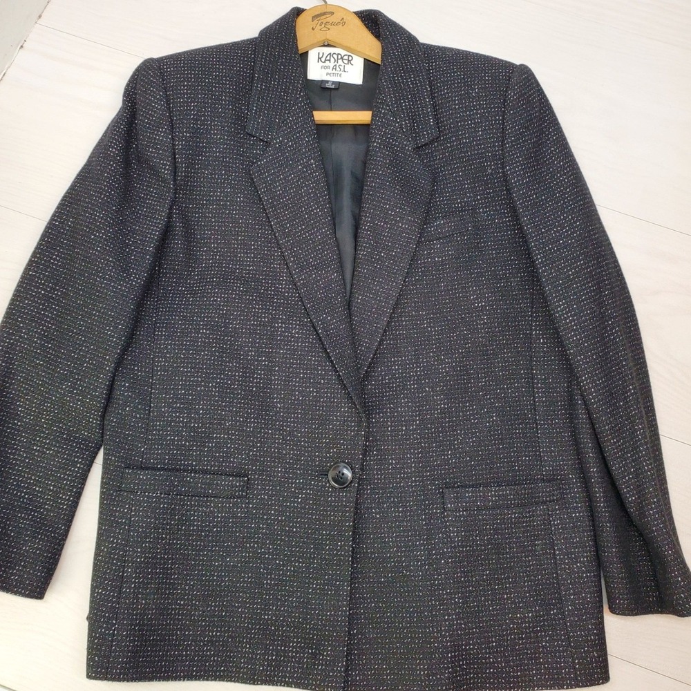 Kasper for ASL Petite Womens 12P Wool Blend Blazer Charcoal Grey Whimsigoth 90s - Picture 2 of 10